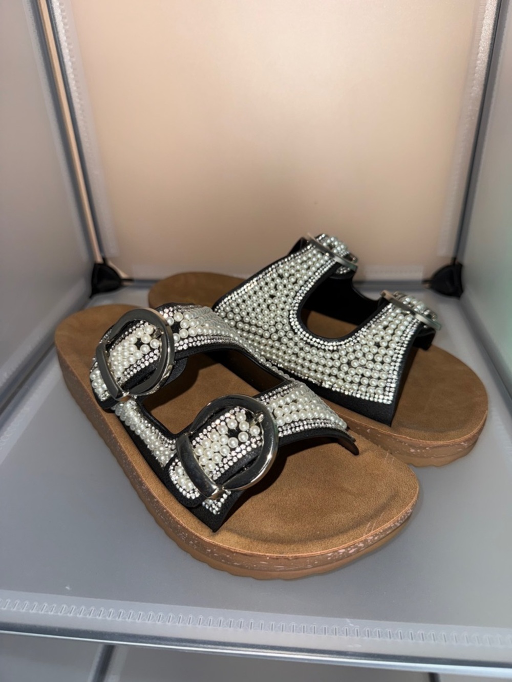 Forever Comfort Pearl Embellished Platform Slide Sandal Black Size 10 - Picture 3 of 7